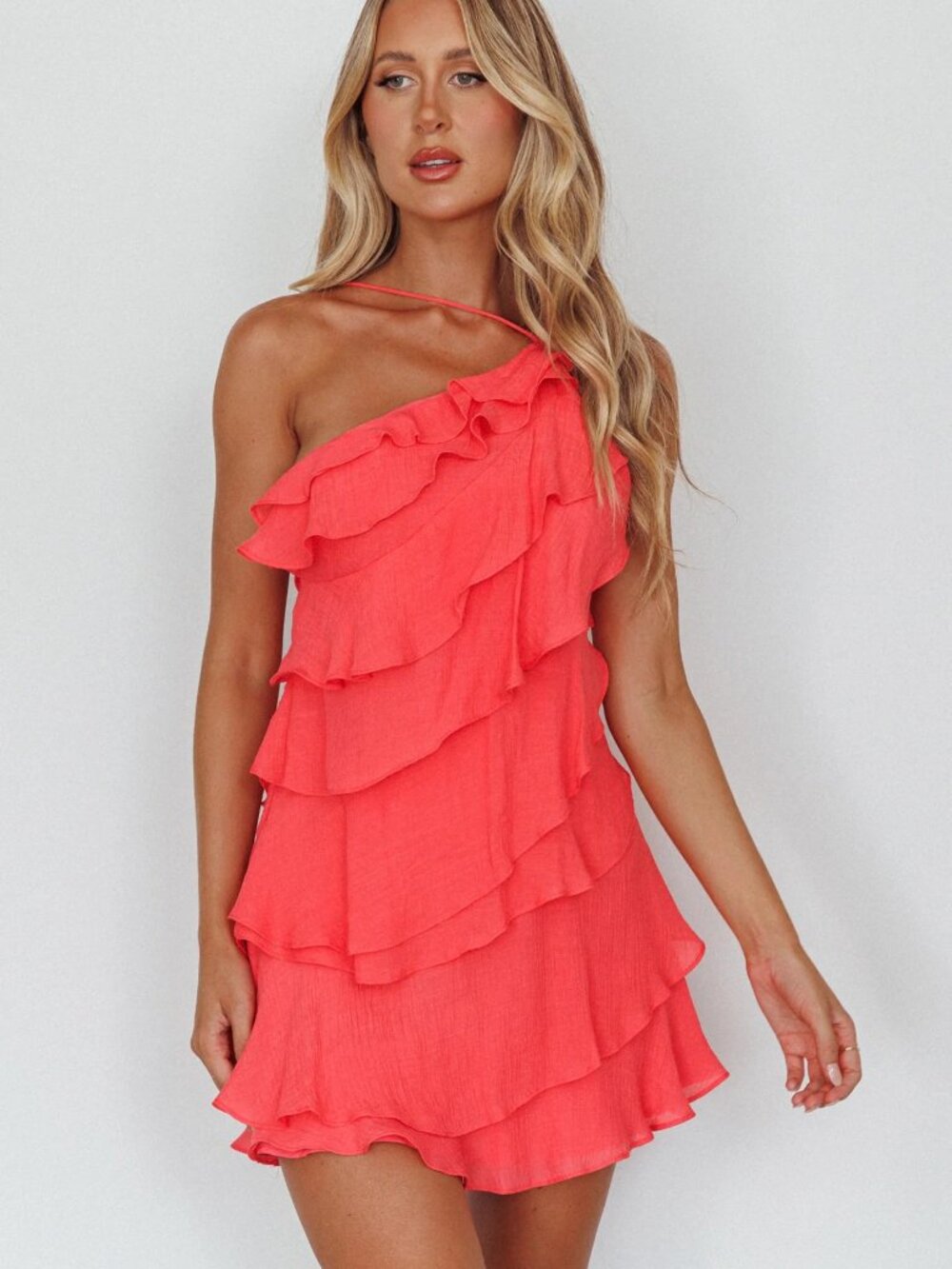 Selfie Leslie Arrabel Tiered Ruffle Mini Dress Watermelon - Small